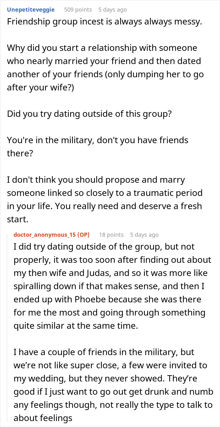 Screenshot of a Reddit conversation discussing betrayal by best man and fears about girlfriend in a friendship group.