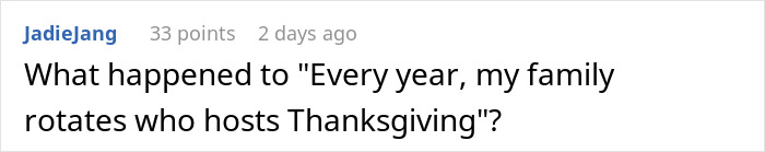 Comment on a forum about a woman spending $500 for Thanksgiving and her family treating her house like an Airbnb.