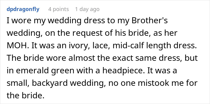 Guest wearing own wedding dress at a backyard wedding as maid of honor, with lace and mid-calf ivory dress.