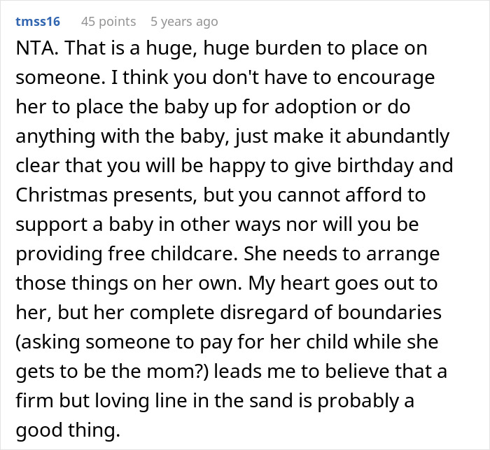 Comment discussing a woman unable to afford her miracle baby and asking her half-brother to adopt it, who refuses.