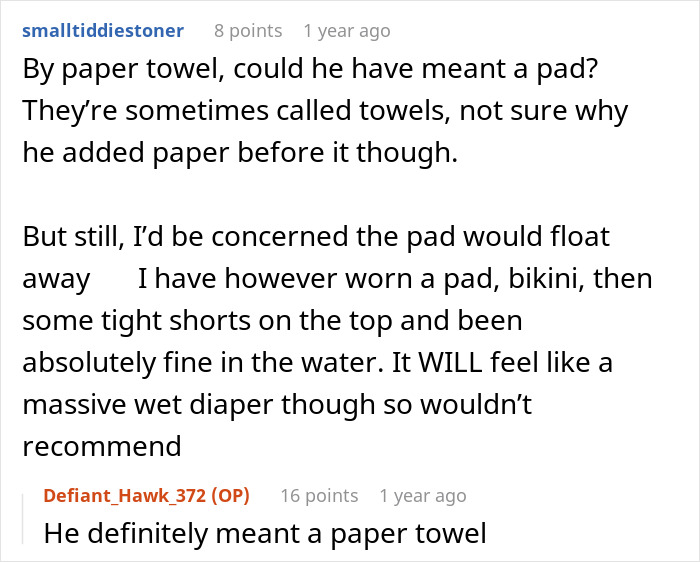 Reddit comments discussing clueless dad suggesting 15YO uses paper towel to swim on period and being called out.