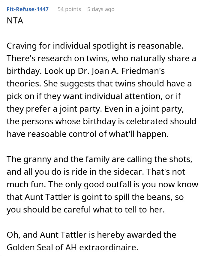 Comment discussing individual birthday attention and family drama over sharing birthdays with grandma and aunt.