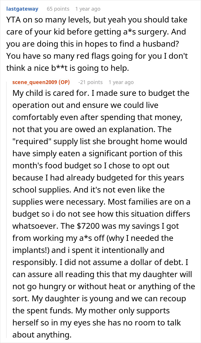 Reddit conversation showing a single mom discussing budget and plastic surgery expenses while expecting support.
