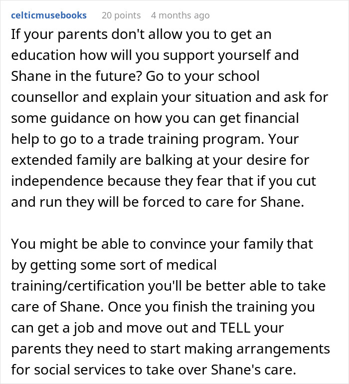 Comment text discussing parents admitting they had another baby to care for their disabled son and his resulting anger. Comment text discussing parents admitting they had another baby to care for their disabled son and his resulting anger.