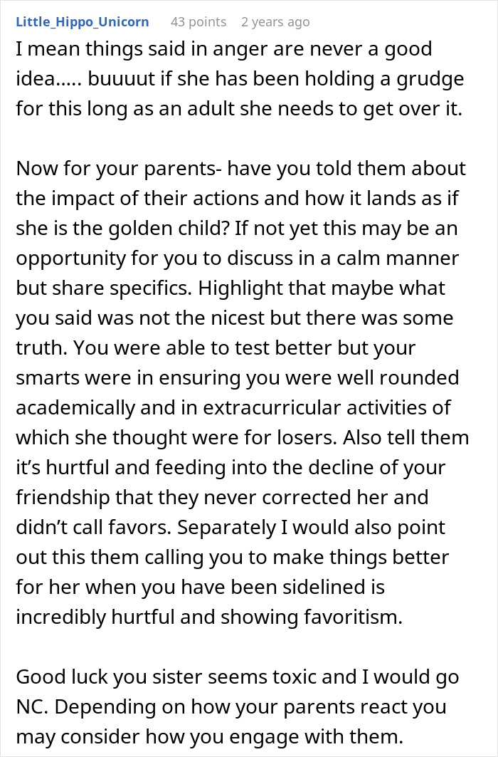Comment discussing the golden child getting a reality check after sister's college acceptance and family dynamics.