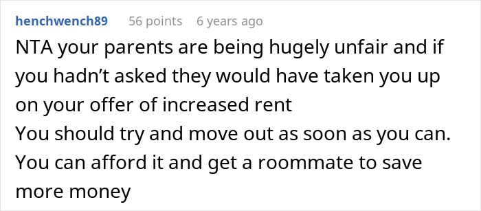 Reddit comment discussing sibling refusing to keep paying rent after discovering sister lives rent free with parents.