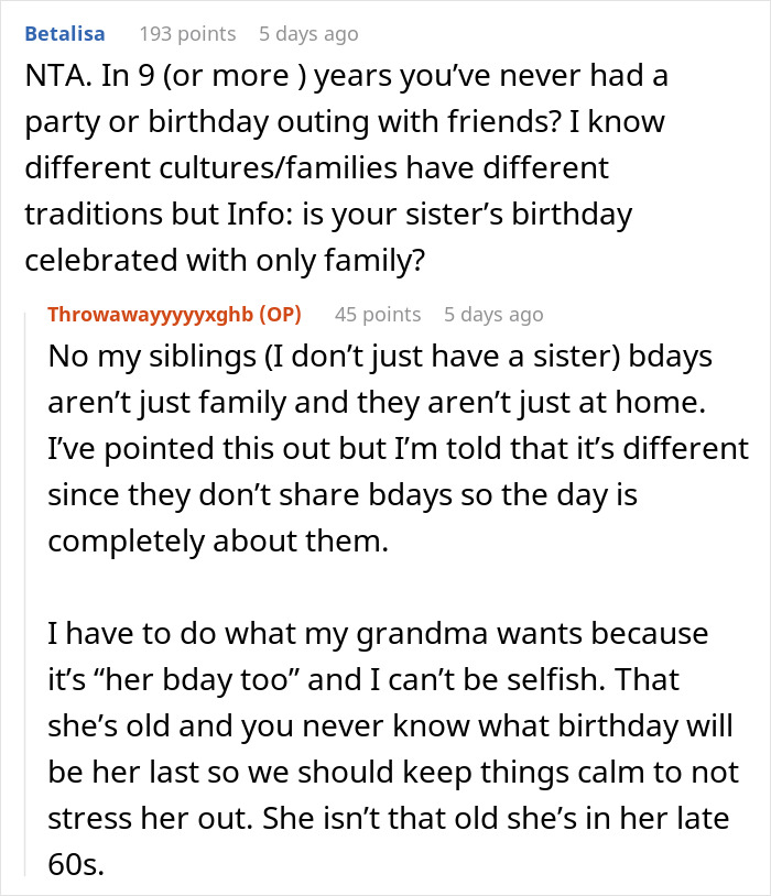 Reddit conversation about a 17-year-old venting over sharing a birthday with grandma and aunt overhearing causing drama.