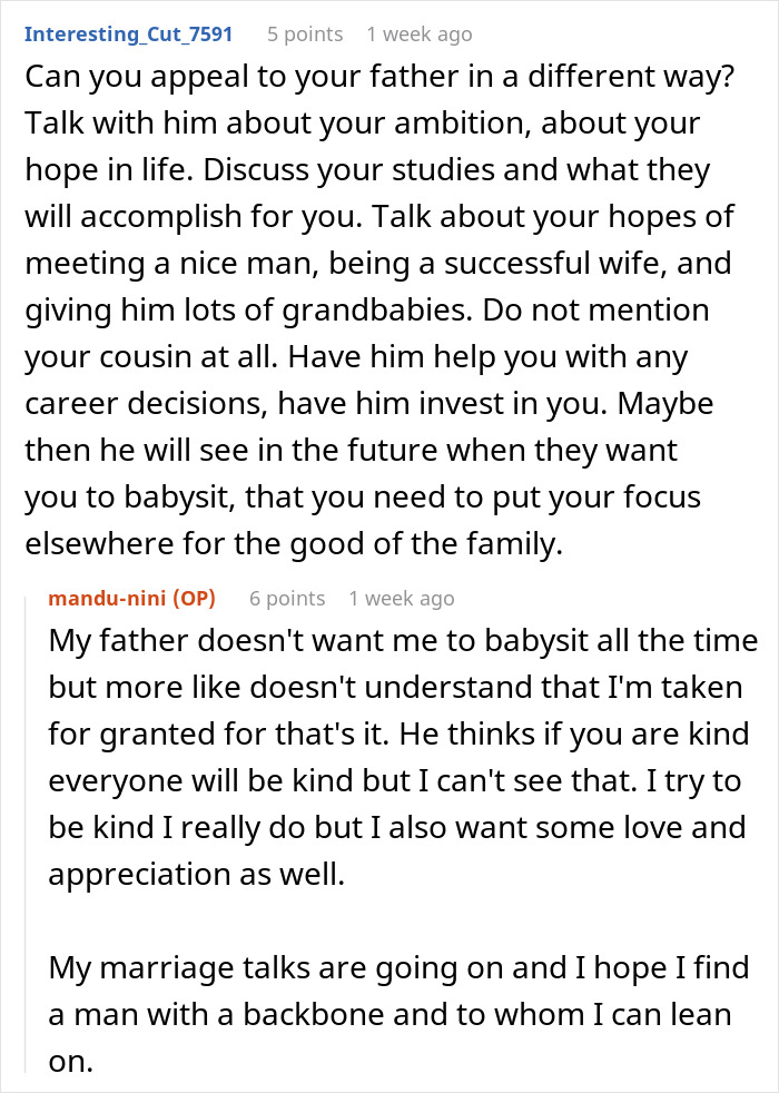 Red-haired woman gleams as cousin&rsquo;s wife struggles after quitting free babysitting role in family dynamics.