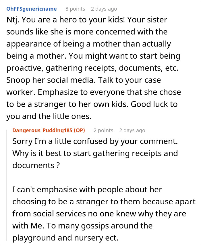 Reddit discussion about a mom abandoning kids and the 23-year-old sister raising them six years later.