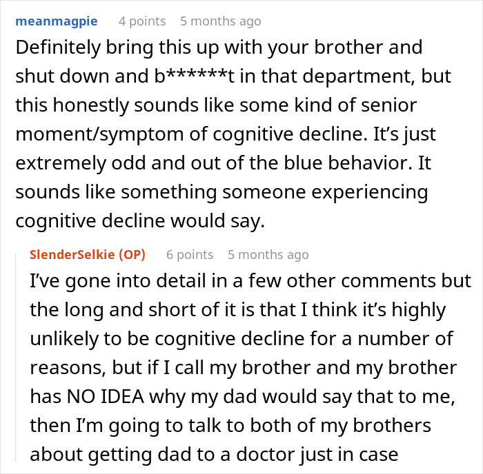 Reddit user discussing dad upset about daughter&rsquo;s home and concerns over his unusual, worrying behavior.