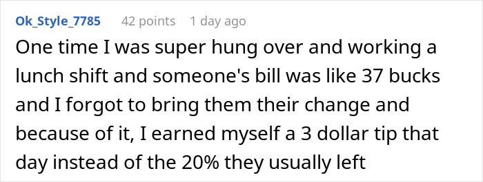Text post by user Ok_Style_7785 sharing a story about a waiter assumed 40 change was tip during a lunch shift. Text post by user Ok_Style_7785 sharing a story about a waiter assumed 40 change was tip during a lunch shift.