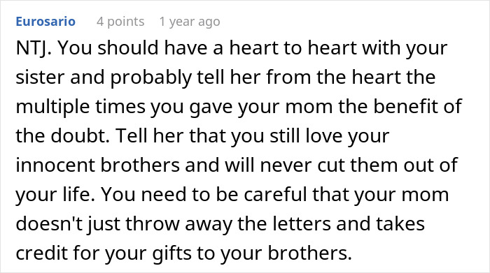Comment advising a teen torn about continuing to see biological mom treated like a second-rate child, suggesting a heart-to-heart talk. Comment advising a teen torn about continuing to see biological mom treated like a second-rate child, suggesting a heart-to-heart talk.