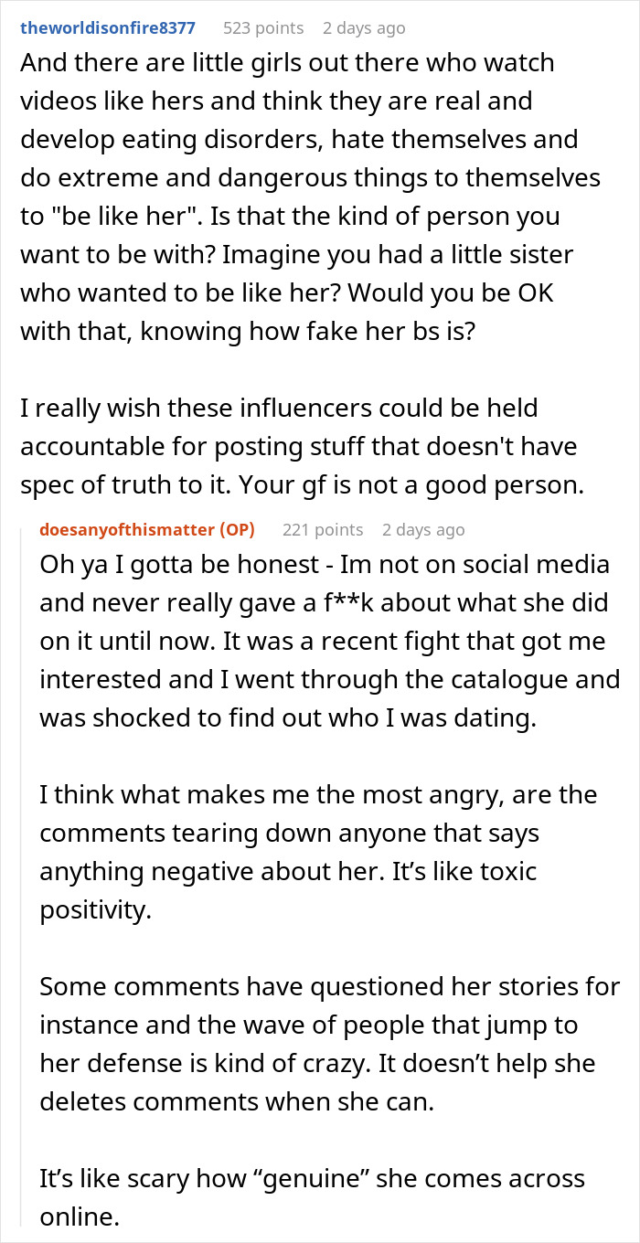 Reddit user criticizing a gym influencer for online lies and the impact on her boyfriend and followers.