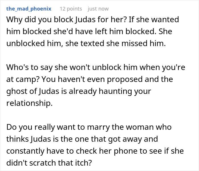 Screenshot of a Reddit comment discussing relationship trust issues involving a cheating ex-wife and best man.