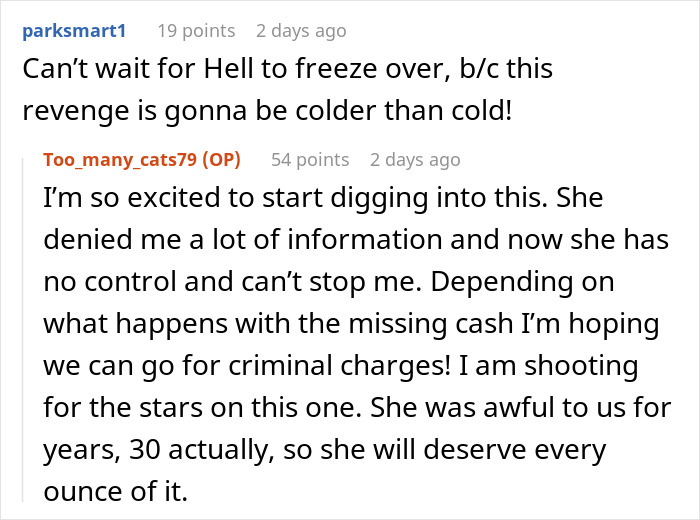 Online forum comments showing a grieving daughter determined to drive step-monster to financial ruin through revenge plans.