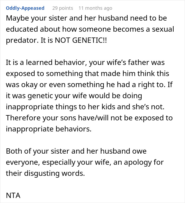 Reddit comment explaining why someone&rsquo;s theory about sexual predators being genetic is wrong, causing family conflict.
