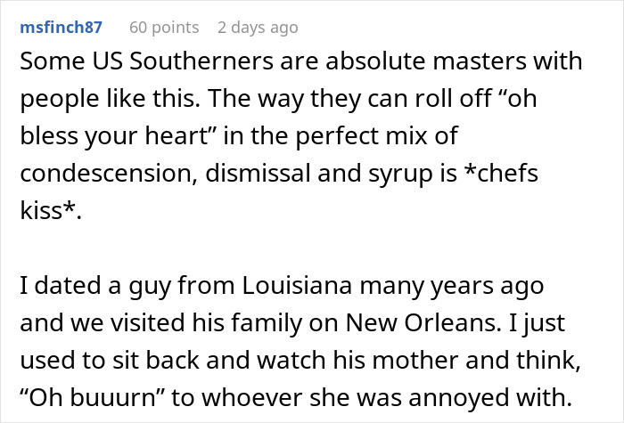 Comment excerpt about handling an obnoxious dinner guest husband, highlighting Southern US social skills with condescension and dismissal.