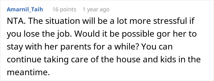 Comment discussing stress and caregiving challenges involving a pregnant bedridden wife and work meeting disruptions.