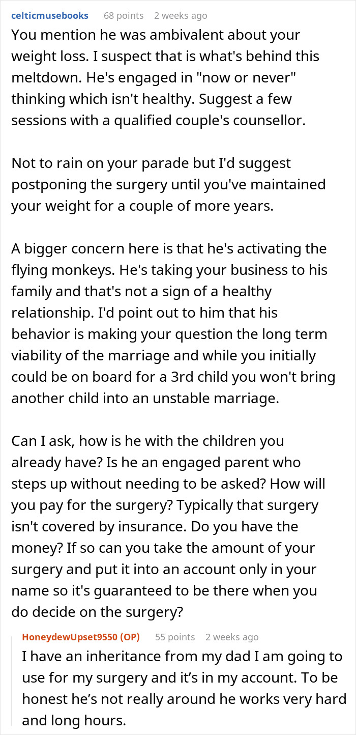 Screenshot of an online conversation discussing wife&rsquo;s weight loss surgery plans and husband calling her selfish for postponing another child.