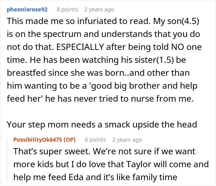 Comments discussing an 11-year-old acting creepy around stepsister after birth, with parents refusing to get help.