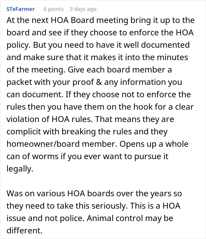 Comment advising to document pet ownership rule violations for HOA board enforcement, highlighting HOA board member responsibility.