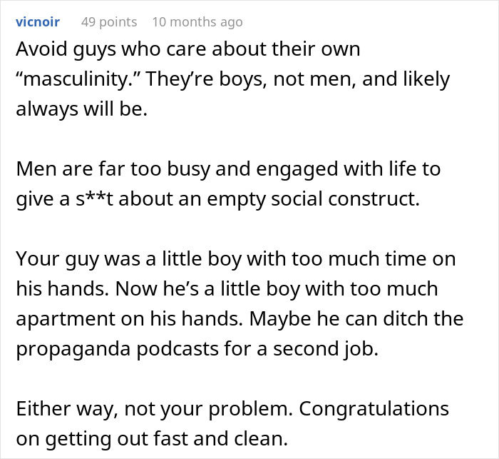 Comment discussing a woman called a gold digger for wanting fair chores while her boyfriend struggles to pay rent.