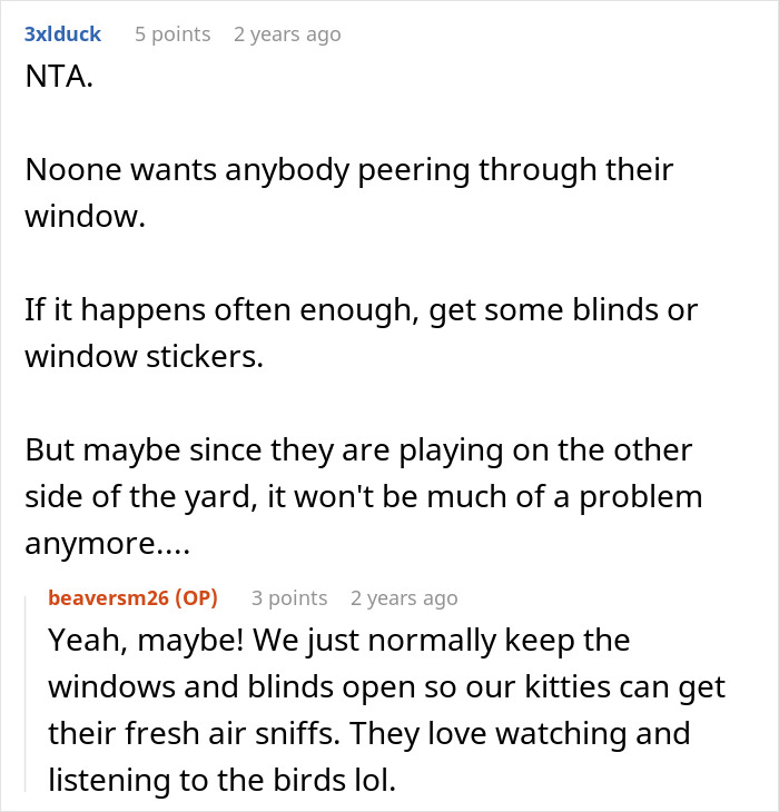 Reddit comments discussing privacy concerns about kids peeking through windows and suggestions for blinds or window stickers.