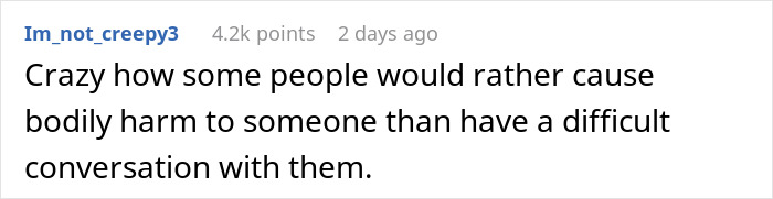 Comment about people causing bodily harm instead of having difficult conversations, related to guy sending homemade food and girlfriend getting sick. Comment about people causing bodily harm instead of having difficult conversations, related to guy sending homemade food and girlfriend getting sick.