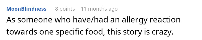 Comment about allergy reaction to specific food, reflecting on parents lied food allergies daughter no contact situation.