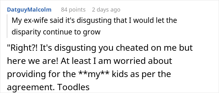Screenshot of a Reddit comment discussing a cheater wanting a rich ex to provide for her kids and trips taken only with the son.