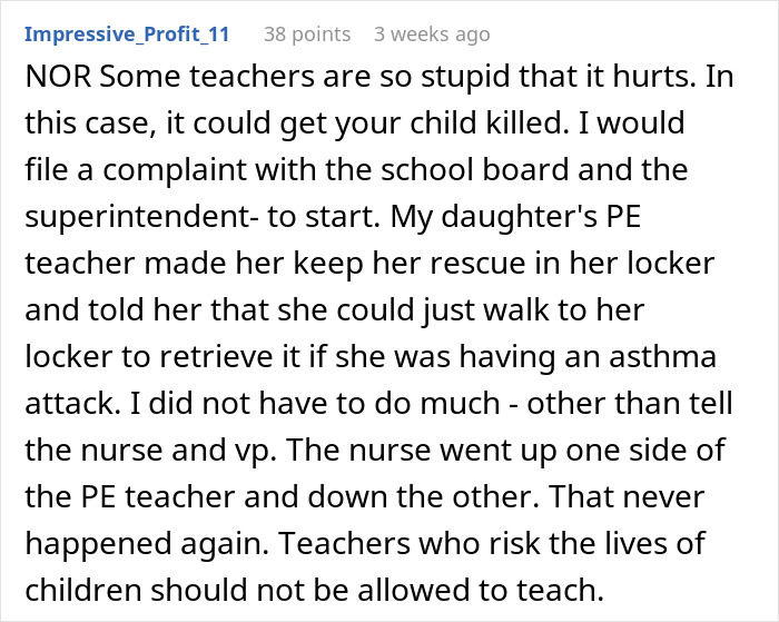 Comment discussing dangers of teachers banning diabetic kids from glucose checks and parents&rsquo; frustration with school rules.