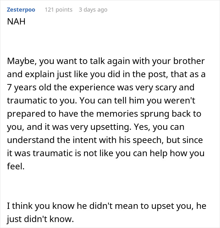 Comment text explaining a woman&rsquo;s traumatic experience delivering her brother and his unintentional upset feelings.