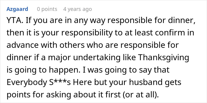 Comment discussing responsibility for Thanksgiving dinner planning and the upset woman and husband misunderstanding.