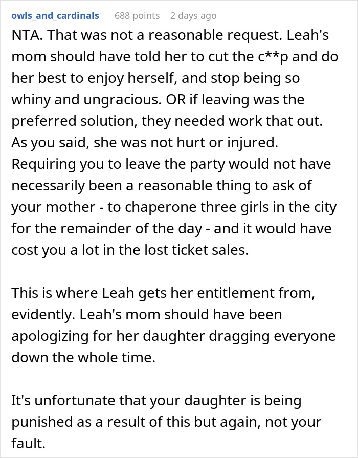 Commenter explains unreasonable behavior of 12-year-old ruining friend&rsquo;s birthday and causing mom drama over leaving party.