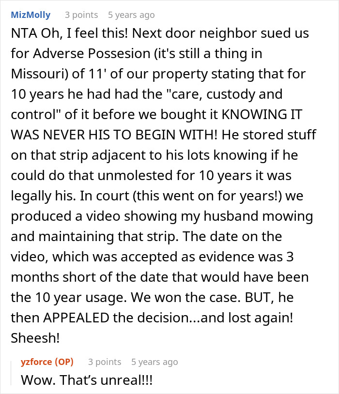 Comment thread discussing a lady tolerating rude neighbors and fighting back over land possession legal battle.