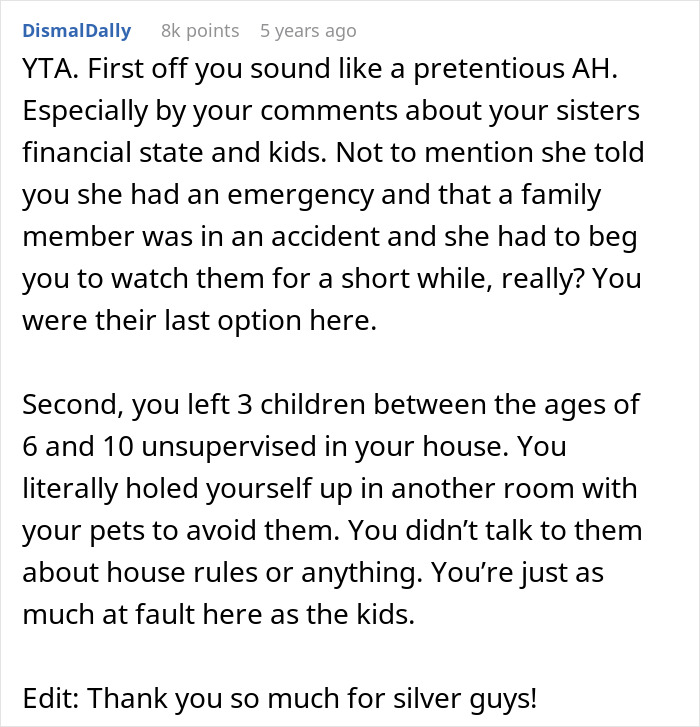 Comment discussing kicking out sister&rsquo;s kids during a family emergency, highlighting responsibility and care concerns.