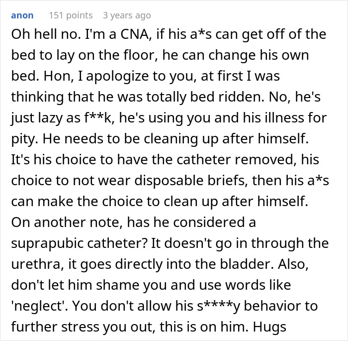 Wife cleans bed over 40 times, stands up for herself as husband refuses diapers or catheter care.