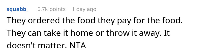 User comment on a post about an autistic woman having a panic attack at a restaurant, discussing food payment and rights.