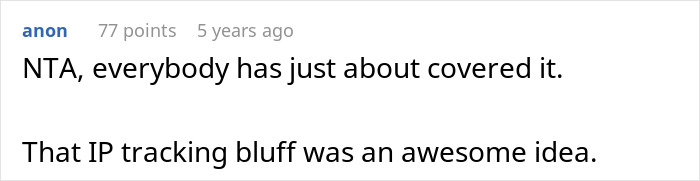 Screenshot of an online comment discussing an IP tracking bluff as a smart tactic related to a couple&rsquo;s wedding sabotage.