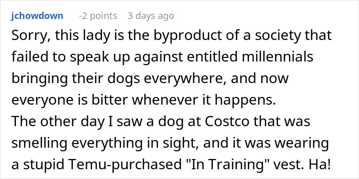 Screenshot of an online comment discussing service dog fraud and a confrontation involving a shopper and a deceptive service dog claim.