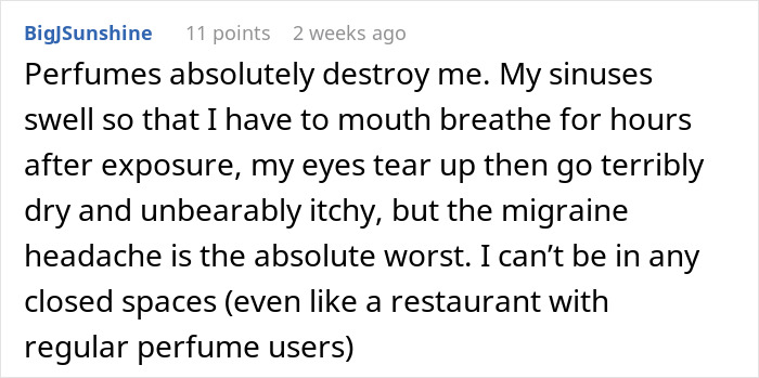 Alt text: Reddit comment describing severe allergy symptoms caused by perfume, highlighting workplace perfume ban challenges.