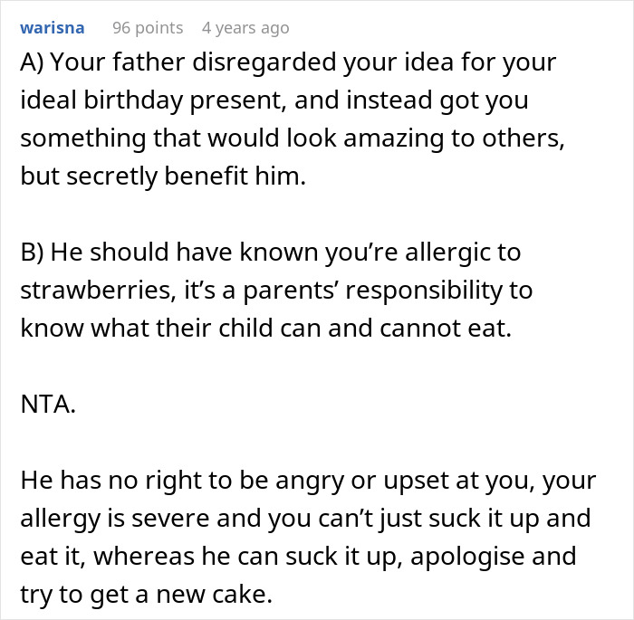 Screenshot of a Reddit comment discussing a teen telling dad wouldve remembered if you cared after cake fail.