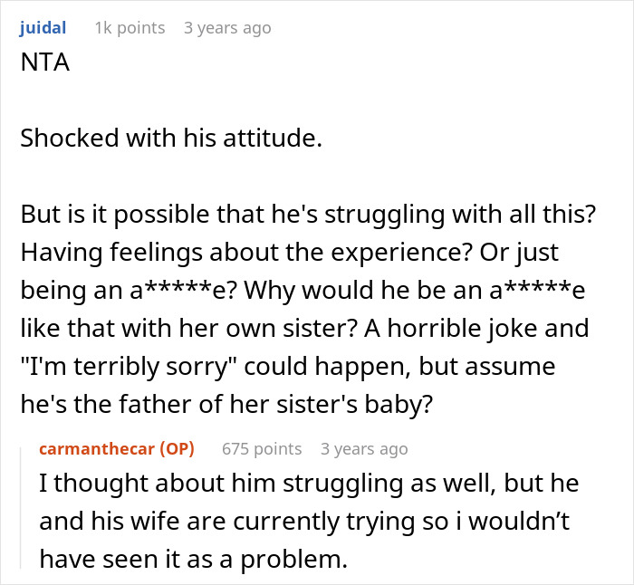 Reddit conversation about guy helping sister-in-law conceive using IVF and the claim of being technically the child's dad.