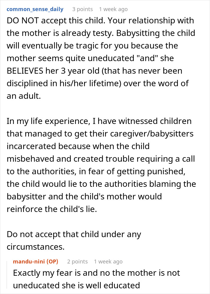 Comment discussing consequences of babysitting struggles and relationship tensions with cousin&rsquo;s wife after quitting free babysitting.