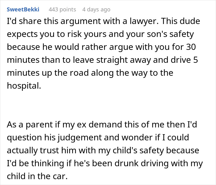 Comment discussing mom refusing to drive drunk to pick up 4YO, ex arguing for 30 minutes while his girlfriend is in labor.
