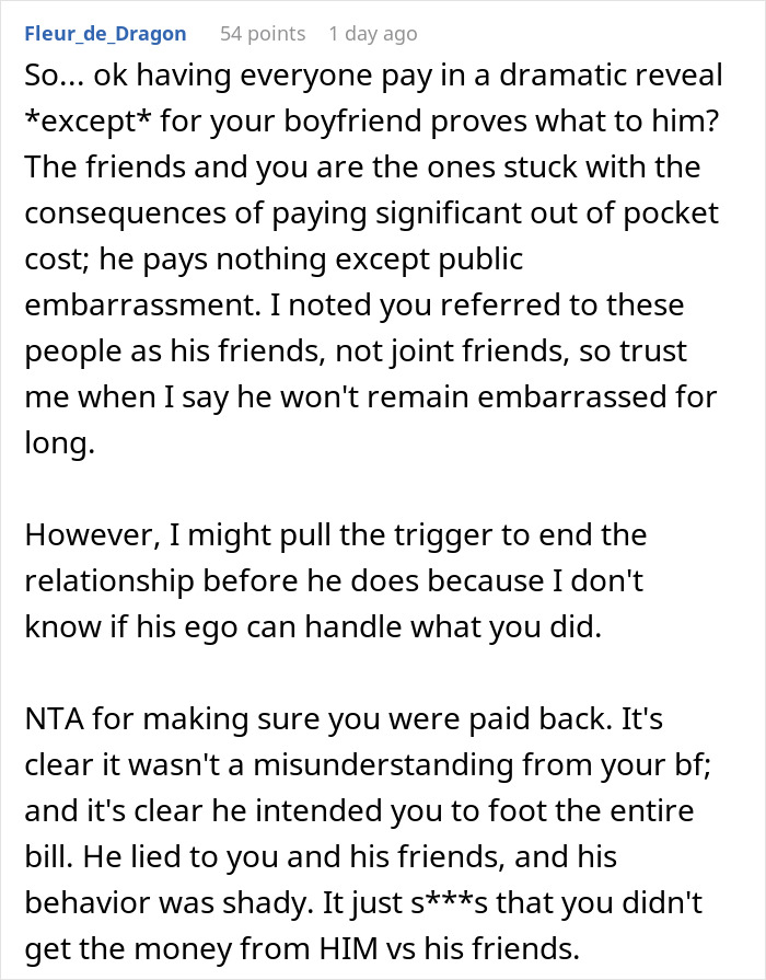 Comment discussing boyfriend's false claims about covering birthday trip expenses, shocking friends after girlfriend's reveal.