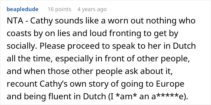 Screenshot of a forum comment discussing a woman embarrassing a new colleague by speaking to her in a language she claimed to know well.