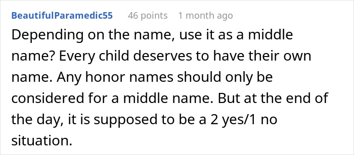 Comment discussing using a dog&rsquo;s name as a baby&rsquo;s middle name, mentioning honor names and a 2 yes/1 no decision situation.