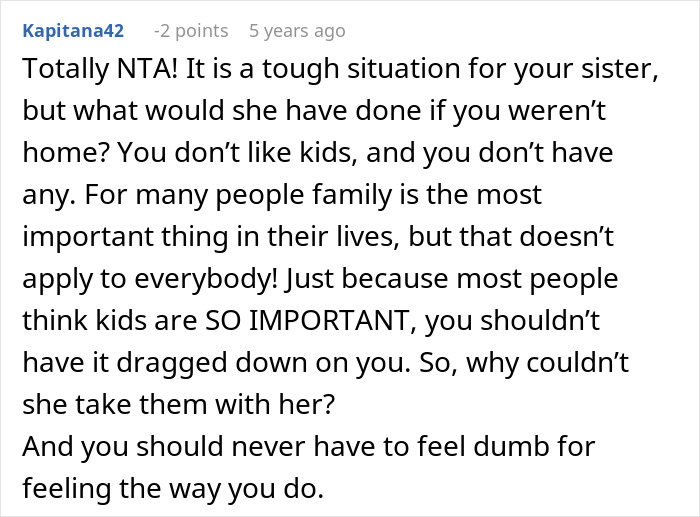 User comment discussing a tough family emergency involving kicking out sister&rsquo;s kids over personal boundaries.