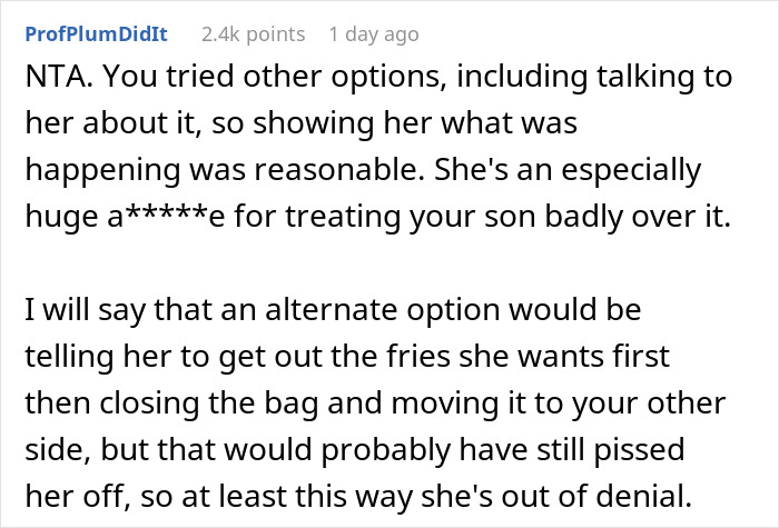 Screenshot of a Reddit comment discussing family drama after a man films his wife secretly to prove she eats his fries. Screenshot of a Reddit comment discussing family drama after a man films his wife secretly to prove she eats his fries.